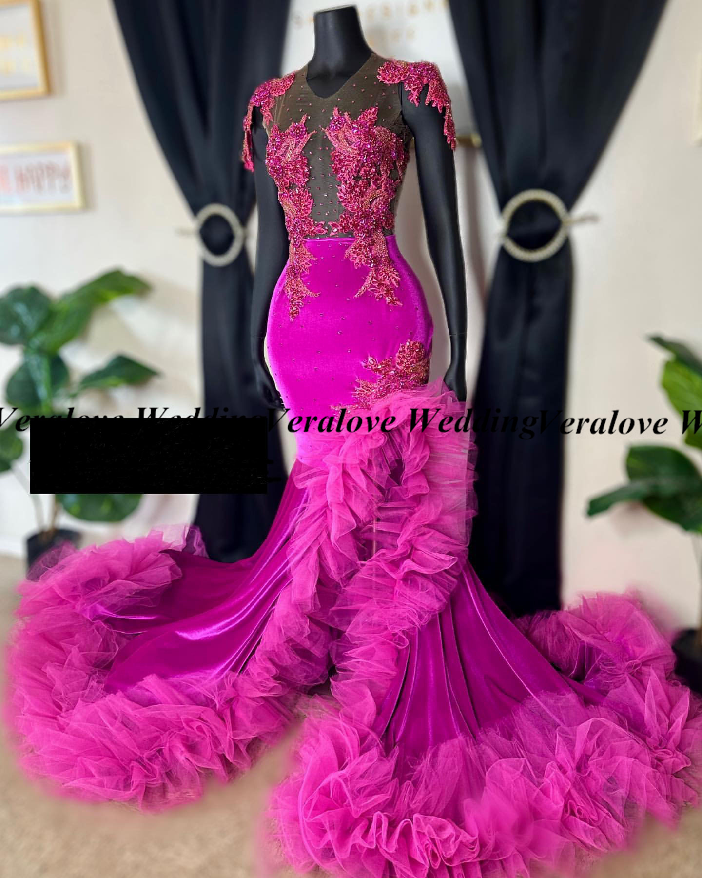 Velvet Long Prom Dress 2024 For Black Girls Beaded Crystal Birthday Party Dresses Evening Gown Robe De