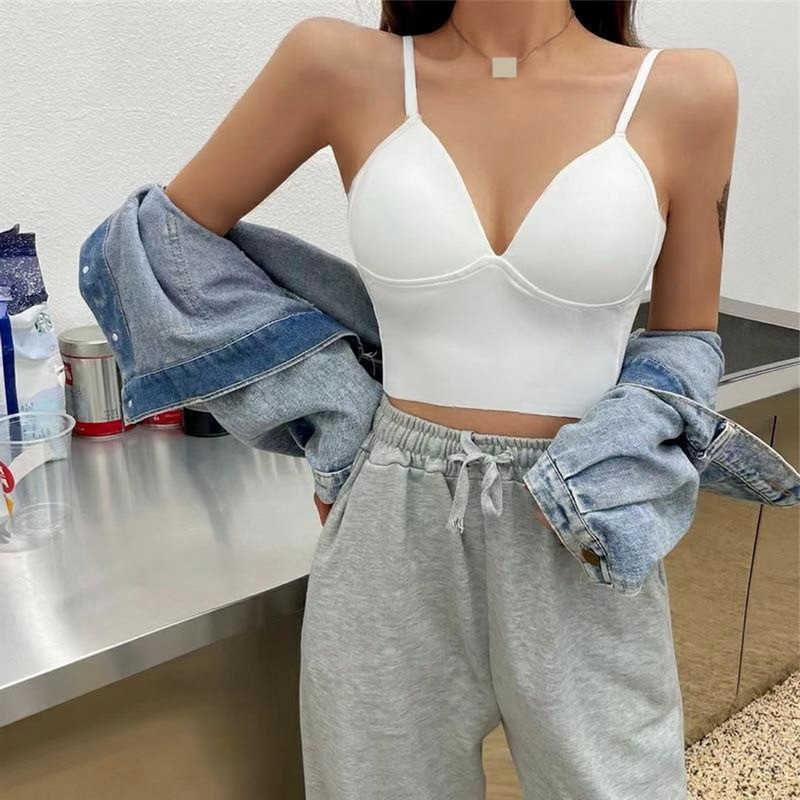 Women's Tanks Camis Sexy Ice Silk Cropped Tube Top Women Streetwear Female Camis Padded Bralette Underwear Sleeveless Triangle Cup Bra Tank Tops P230322