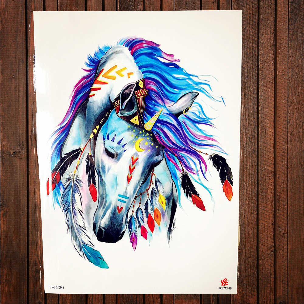 Temporary Tattoos Watercolor Blue Unicorn Horse Temporary Tattoo Stickers Women Men Bdoy Art Arm Legs Fake Flash Water Transfer Tattoo ALZ-128 Z0403