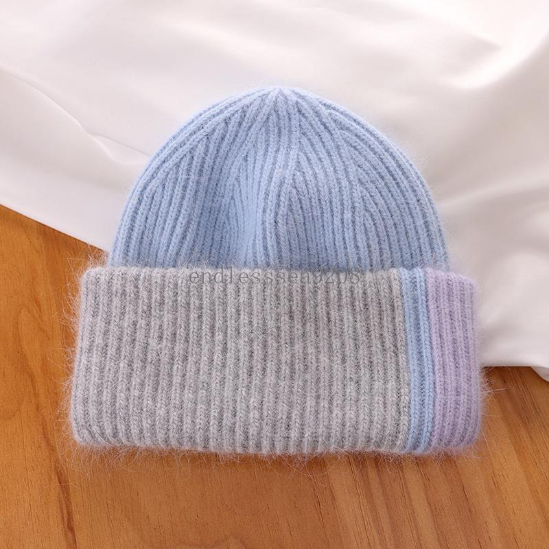 Yeni örme tavşan kürk şapkası kadınlar için kış yumuşak kalın sıcak kabarık beanies kapaklar kadın moda yama kafesi şapkalar şapkalar