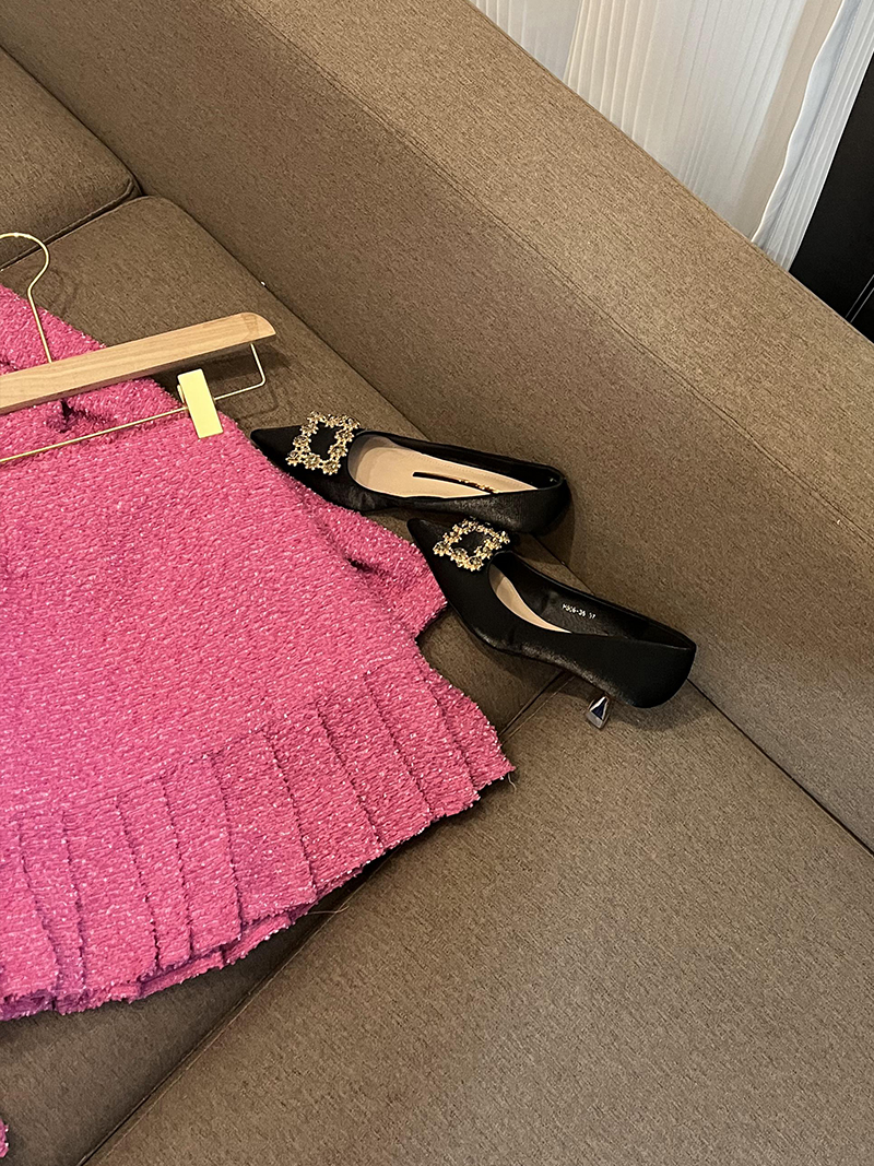 2023 Autumn Pink Solid Color Two Piece Dress Set Lång ärm Notched-Lapel Tweed Blazers Top med hög midja veckad kort kjol Set Two Piece Suits O3N022209