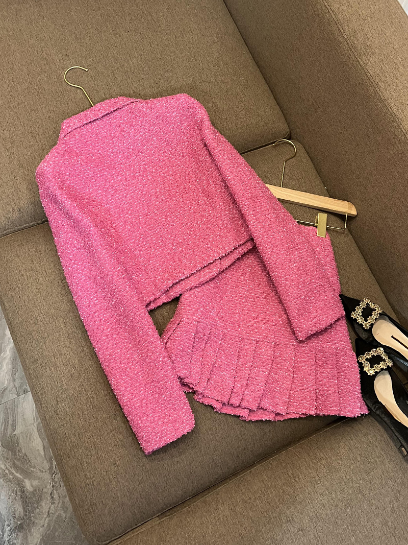 2023 Autumn Pink Solid Color Two Piece Dress Sets Long Sleeve Notched-Lapel Tweed Blazers Top With High Waist Pleated Short Skirt Set Two Piece Suits O3N022209