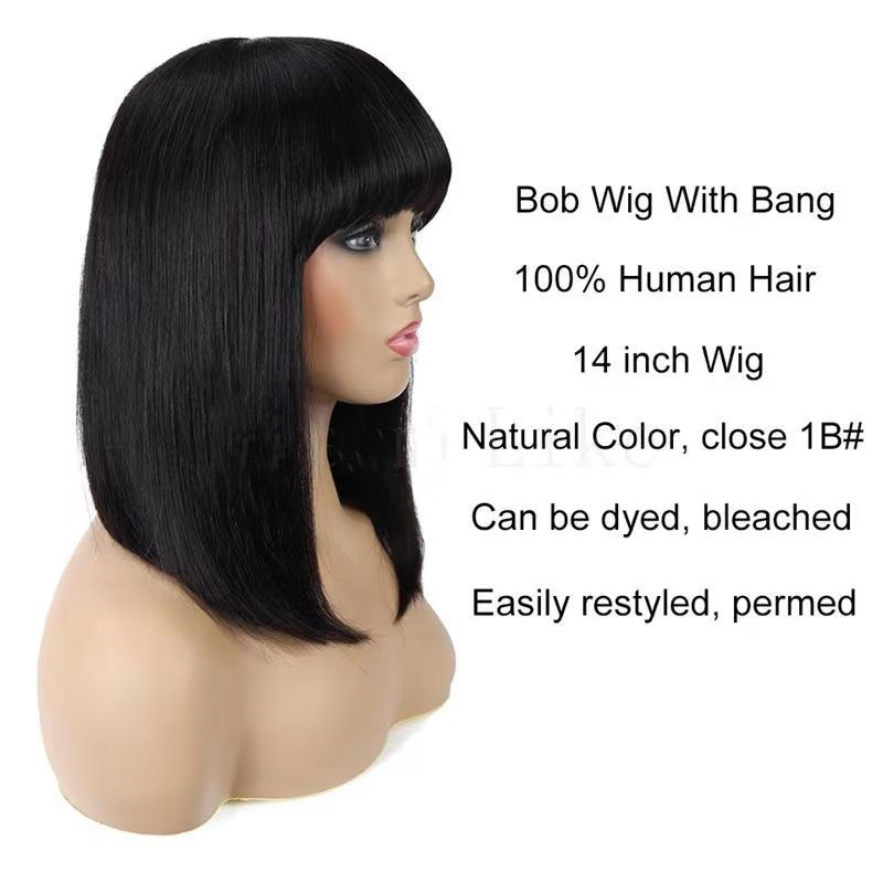 Bob peruk med bang 100% människohår 14 tum peruk naturlig olor kan färgas bleaohed lätt restyled permed