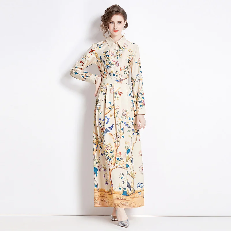 Grundläggande casual klänningar Runway Flower Long Maxi Dress Women Slow Down Neck Long Sleeve Vacation Beach Dresses Female 2024 Spring Summer New