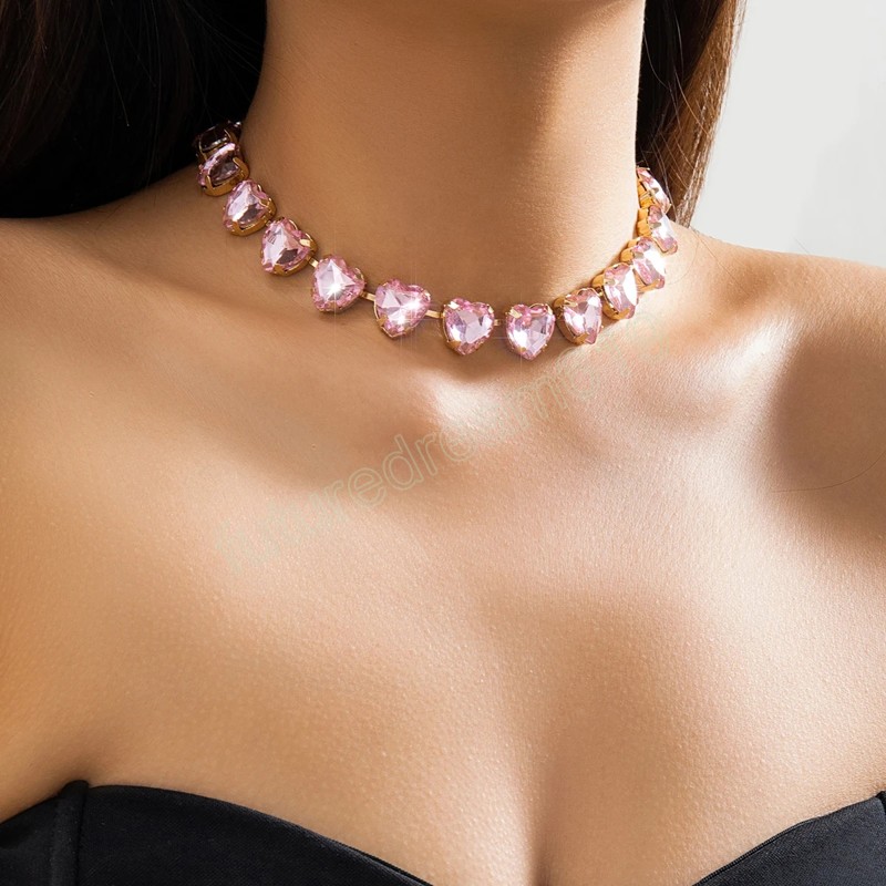 Pink Heart Crystal Short Choker Necklace for Women Trendy Wedding Collar on Neck Accessories 2023 Fashion Jewelry Female Gifts