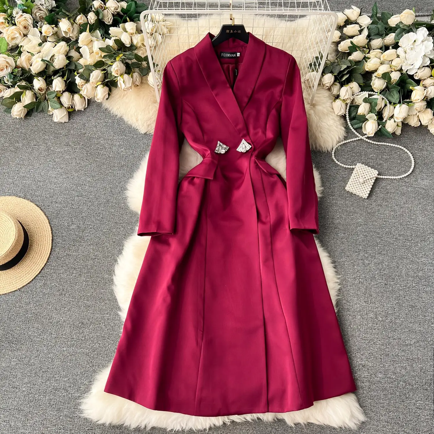 Outono inverno roupas femininas moda pista trench coats entalhado manga longa botões de diamante vintage elegante senhoras casacos casaco 2024