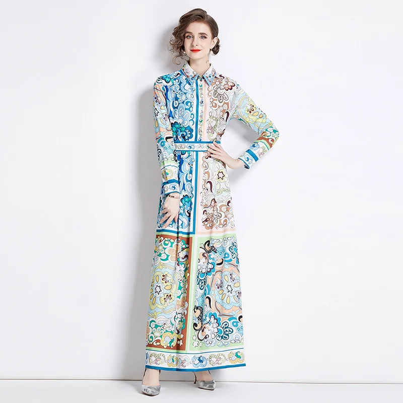 Podstawowe sukienki swobodne 2024 Spring Najnowszy mody startowy Zamknij kołnierz Maxi Dress Damski Retro Retro Floral Printed Projektanta Długie vestidos