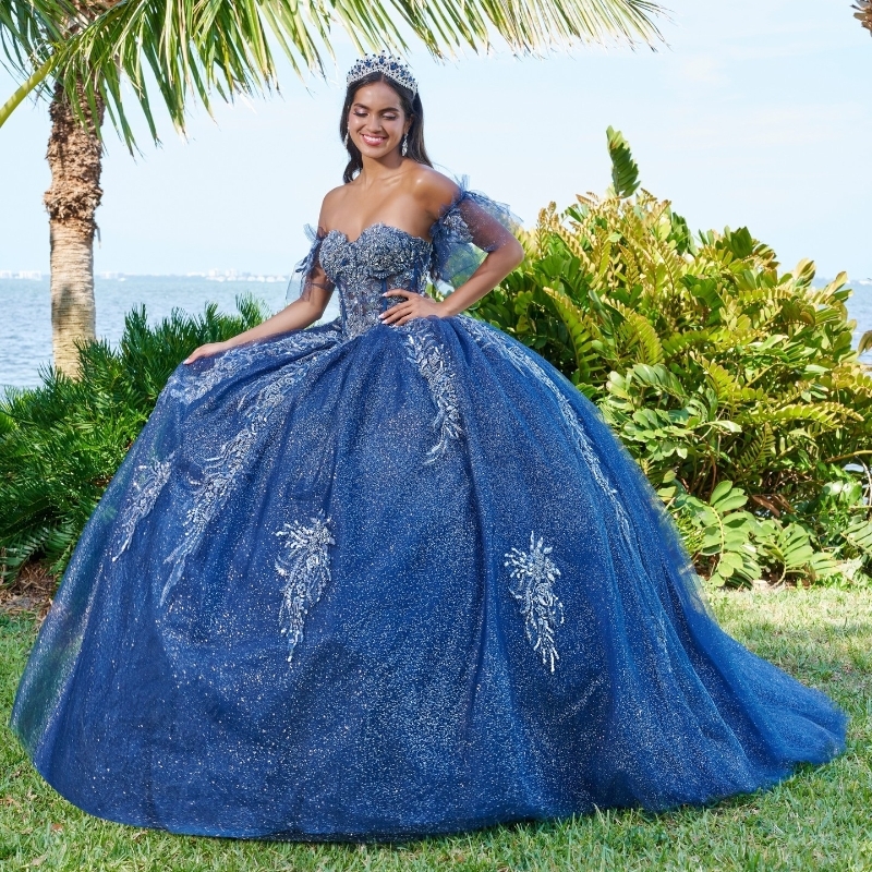 Bleu chérie brillant Quinceanera robes hors de l'épaule appliques dentelle perles mexicain XV filles Pageant robes robes de 15 anos