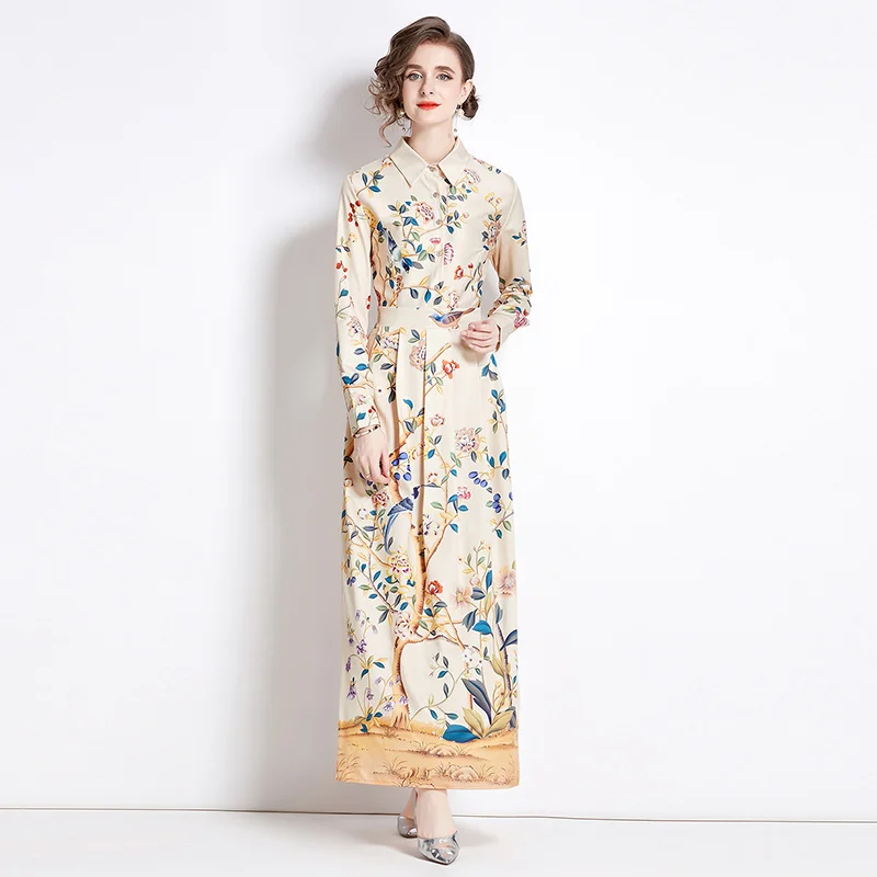 Robes décontractées de base Fleur de piste longue robe maxi femme baissez le cou à manches longues de vacances robes de plage femelle 2024 printemps été nouveau