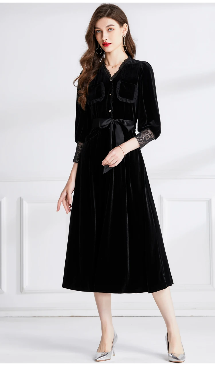 Basic Casual Dresses Runway 2024 Runway Designer Velvet Party Dress Women Ruffles V-Neck Lace Patchwork Sleeve Vintage Black Pockets Sashes Long Vestidos