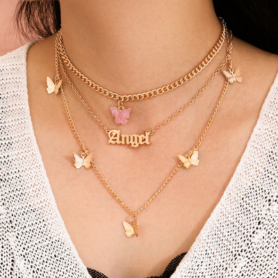 Meerlagige kettingen voor vrouwen vlinderletter Angel hanger dikke ketting dunne ketting ketting