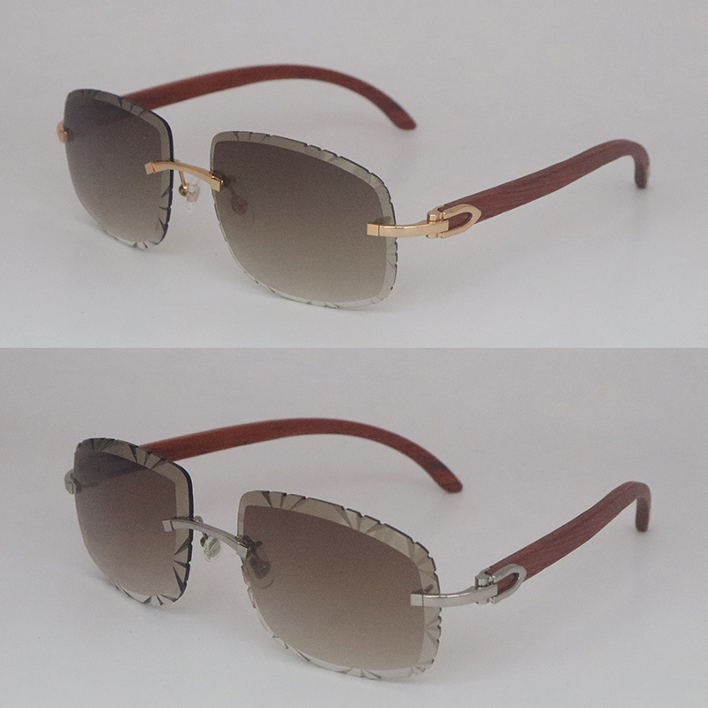 Rimless Wood Sunglasses T8200762 Carved lens Vintage women Trimming Lens Unisex C Decoration Manufacturers whole Designer235J