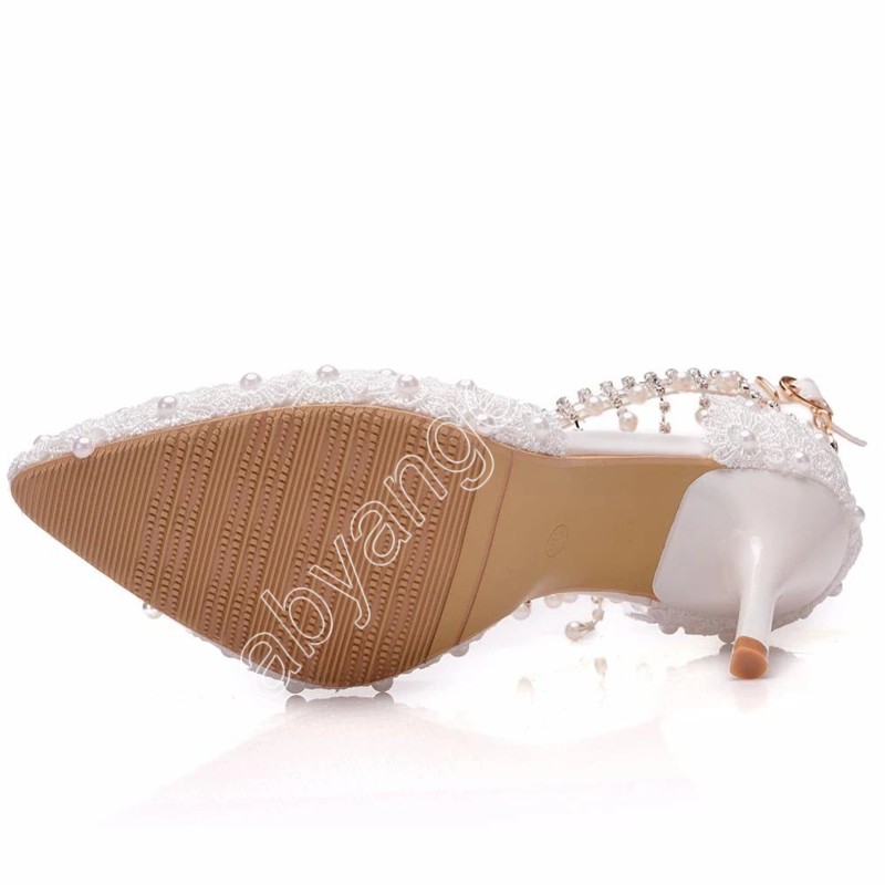 Kobiety buty ślubne biała koronkowa opaska na nadgarstek spiczasty palec nosek cienkie obcasy sandały z paskiem kostki