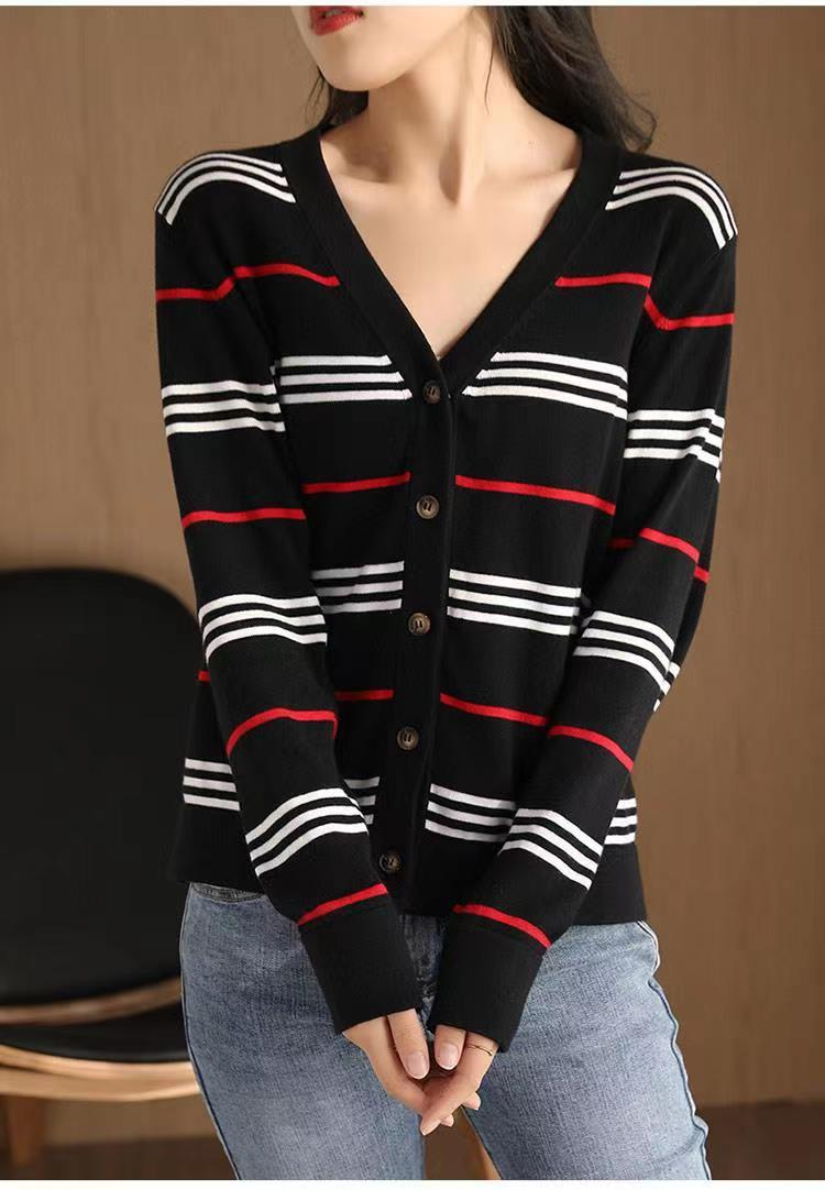 Pulls Tricots Veste cardigan femme Col V rayé sexy ample tout-match pull manches longues femme Chemisier Sweatshirts Manteaux