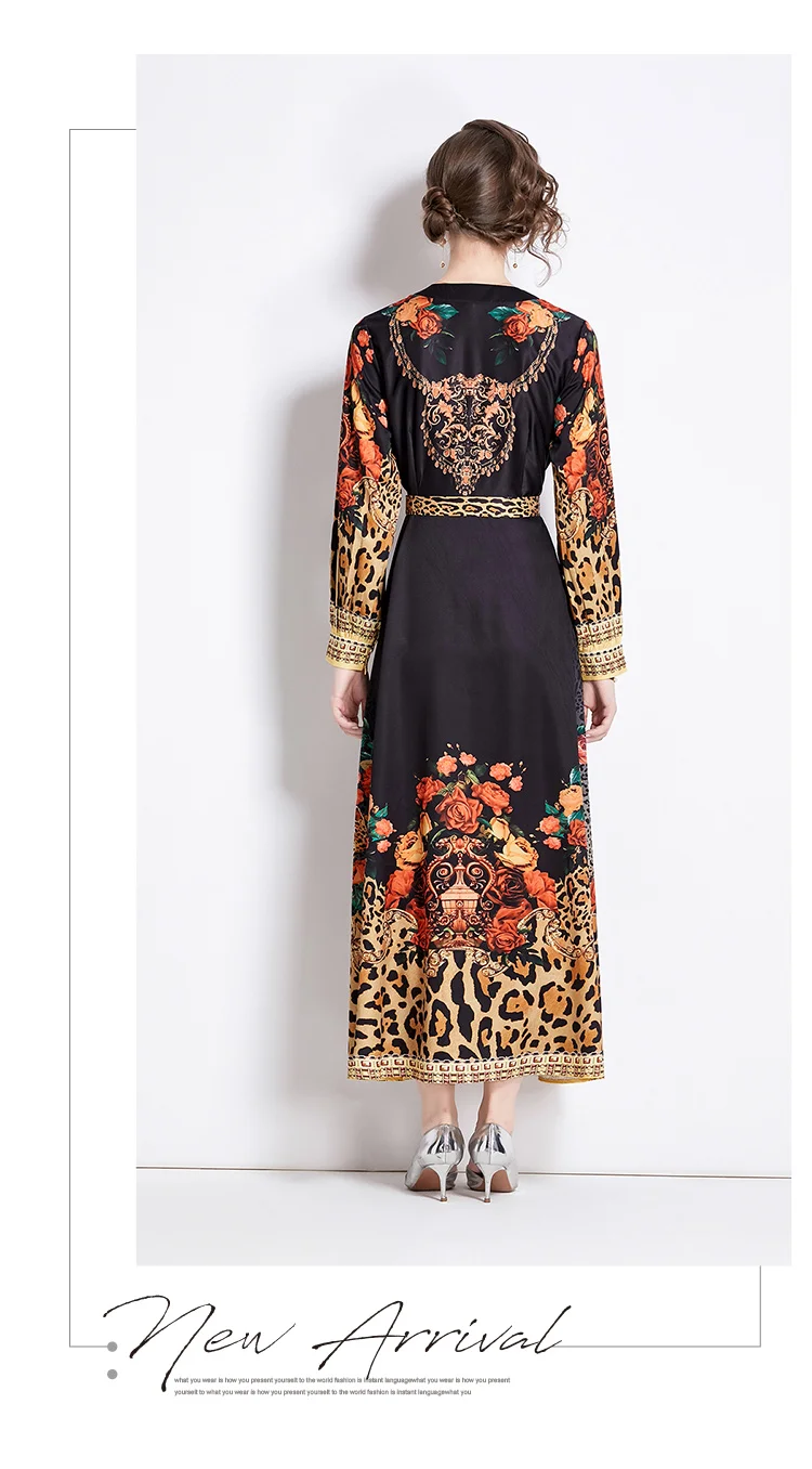 Grundläggande avslappnade klänningar vårens höstdesigner Leopard vintage klänning kvinnors korsvåg lykta ärm blommig tryck spets upp bälte lång mantel vestidos 2024