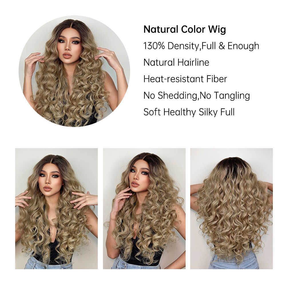 Синтетические парики Easihair Long Curly Lace Front Synthetic Wig Brown Blonde Ombre Frontal для женщин с глубоким волнным термостойким косплея 230227