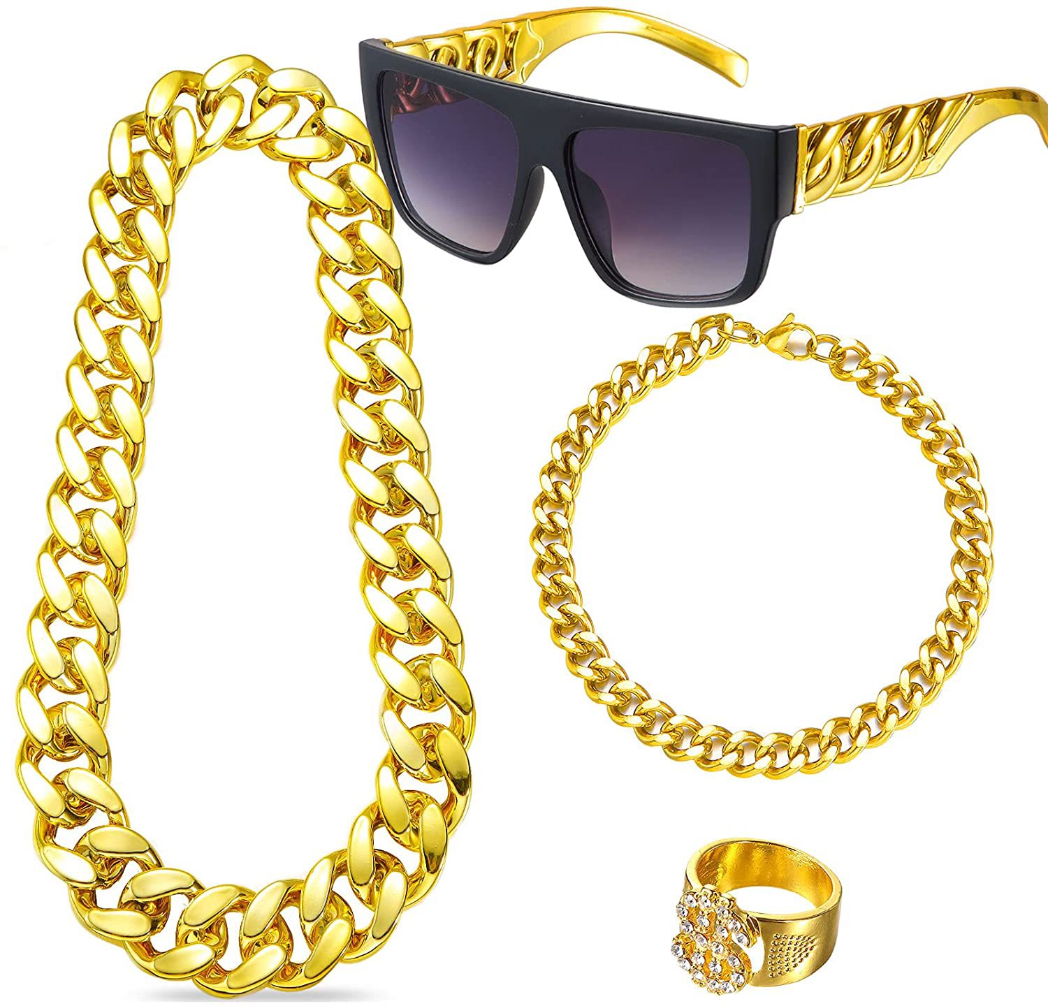 Retro quadratische übergroße dicke Sonnenbrille Männer Gold Metallkette Hip Hop Luxusbrille Schwarz Gold Kubanische Gliederkette Quadratische Sonnenbrille Schutzbrille Kettenarm Flat Top Aviator