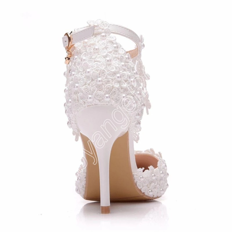 Scarpe eleganti con punta a punta con strass Scarpe con tacco alto da donna Sandali con cinturino alla caviglia in pizzo con decorazione di perle Scarpe da sposa feste