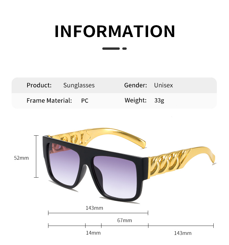 Lunettes de soleil carrées rétro surdimensionnées et épaisses pour hommes, chaîne en métal doré, lunettes de luxe Hip Hop, chaîne à maillons cubains en or noir, lunettes de soleil carrées, bras de chaîne de lunettes, aviateur à dessus plat