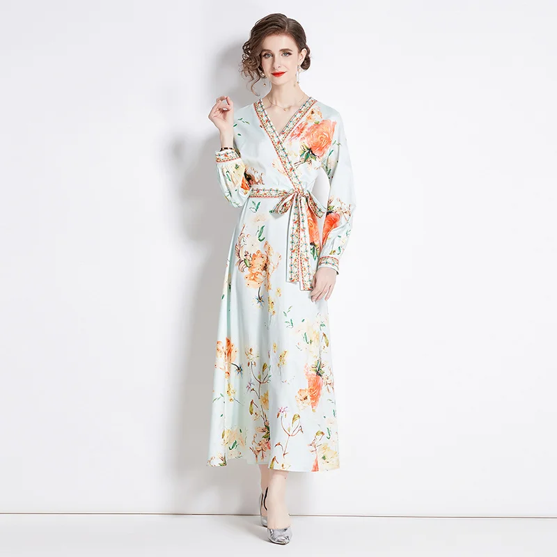 Temel gündelik elbiseler bahar sonbahar kadın çiçek baskı dantel yukarı kemer yüksek bel ince maxi elbise pist v-yakn fener kollu parti uzun vestidos2024