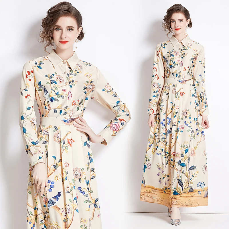 Grundläggande casual klänningar Runway Flower Long Maxi Dress Women Slow Down Neck Long Sleeve Vacation Beach Dresses Female 2024 Spring Summer New