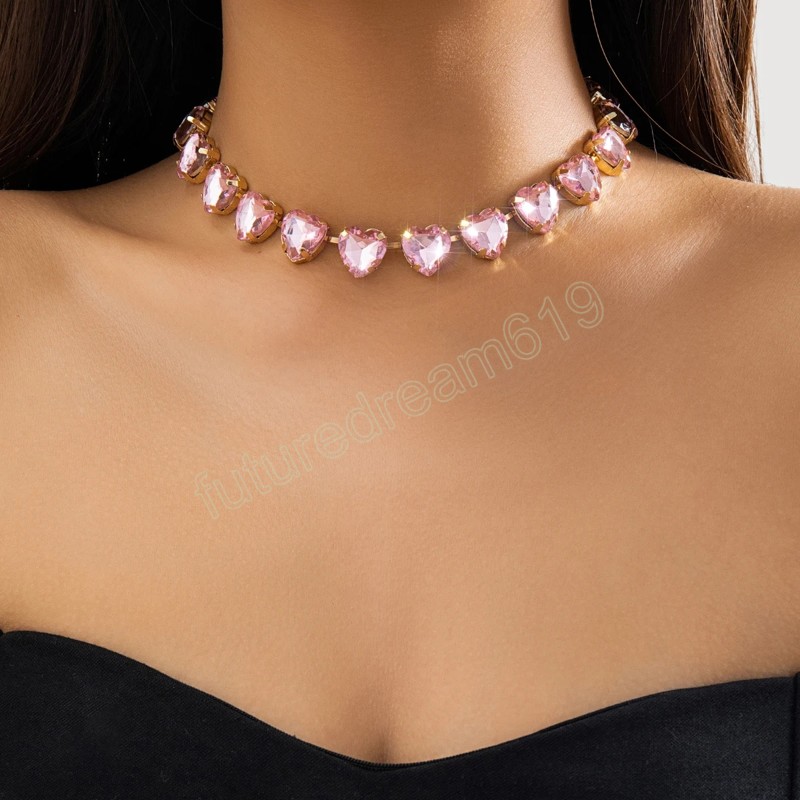 Pink Heart Crystal Short Choker Necklace for Women Trendy Wedding Collar on Neck Accessories 2023 Fashion Jewelry Female Gifts