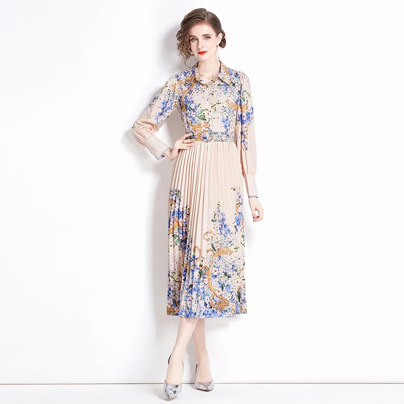 Basic Casual Women Dresses Autumn Runway Vintage Flower Dress Women's Lantern Sleeve Turn Down Neck Floral Print Belted Long Party Pleated Vestidos 2024
