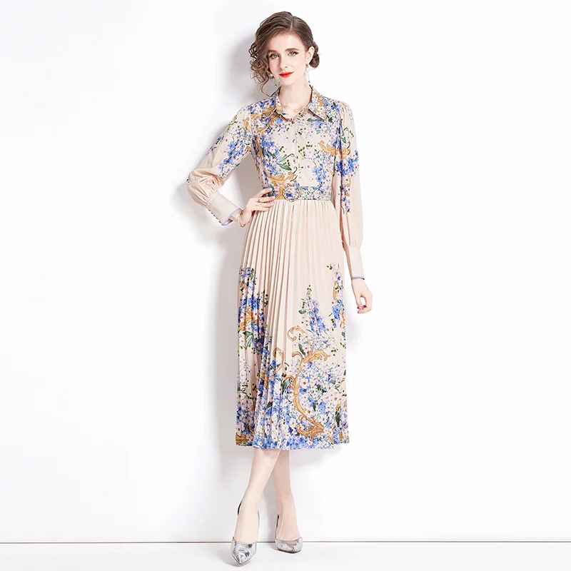 Grundläggande casual kvinnliga klänningar Autumn Runway Vintage Flower Dress Women's Lantern Sleeve Slå ner Neck Floral Print Belted Long Party Parted Vestidos 2024