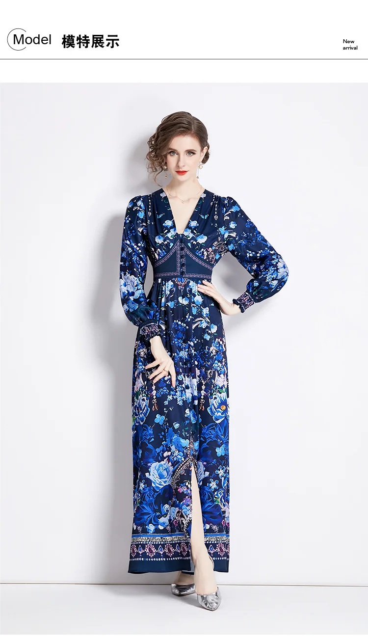 基本的なカジュアルレディースドレスゴージャスな青い花のホリデービーチドレス女性衣料品Vネックハイウエストランタンスリーブフローラルプリントボーホンロングローブ2024