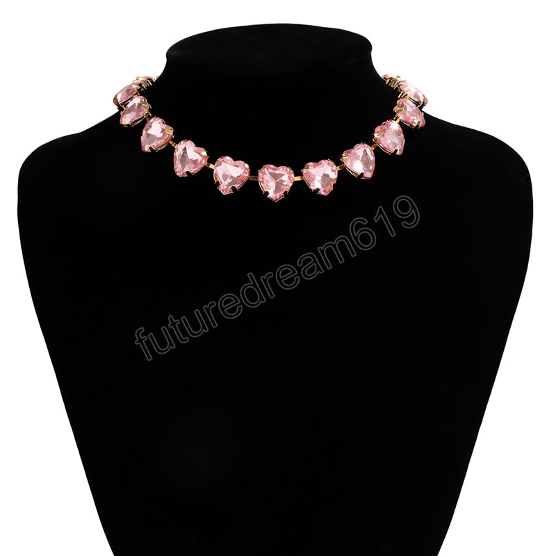 Pink Heart Crystal Short Choker Necklace for Women Trendy Wedding Collar on Neck Accessories 2023 Fashion Jewelry Female Gifts
