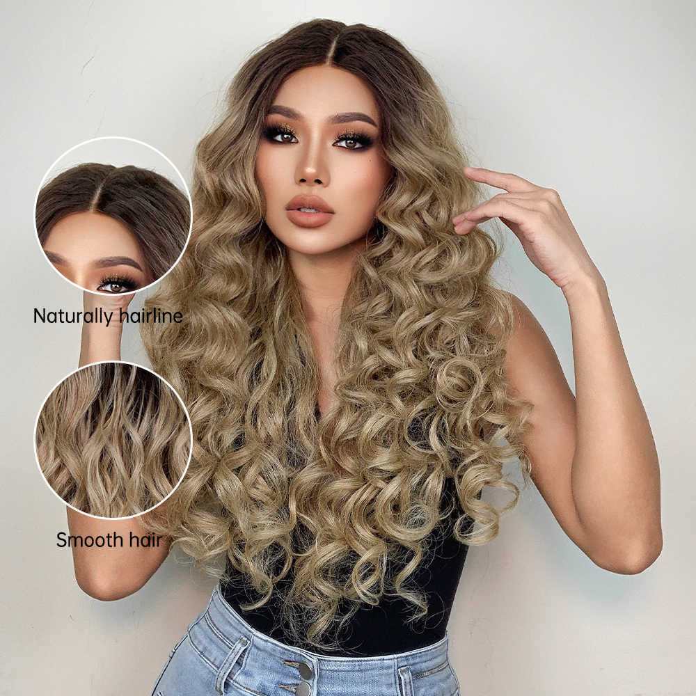 Синтетические парики Easihair Long Curly Lace Front Synthetic Wig Brown Blonde Ombre Frontal для женщин с глубоким волнным термостойким косплея 230227