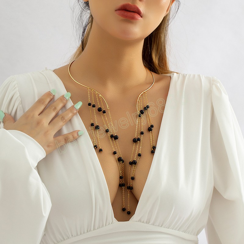 Elegant Imitation Pearl Long Tassel Torques For Women White Black Pearl Choker Statement Chain Collar Necklace New Jewelry