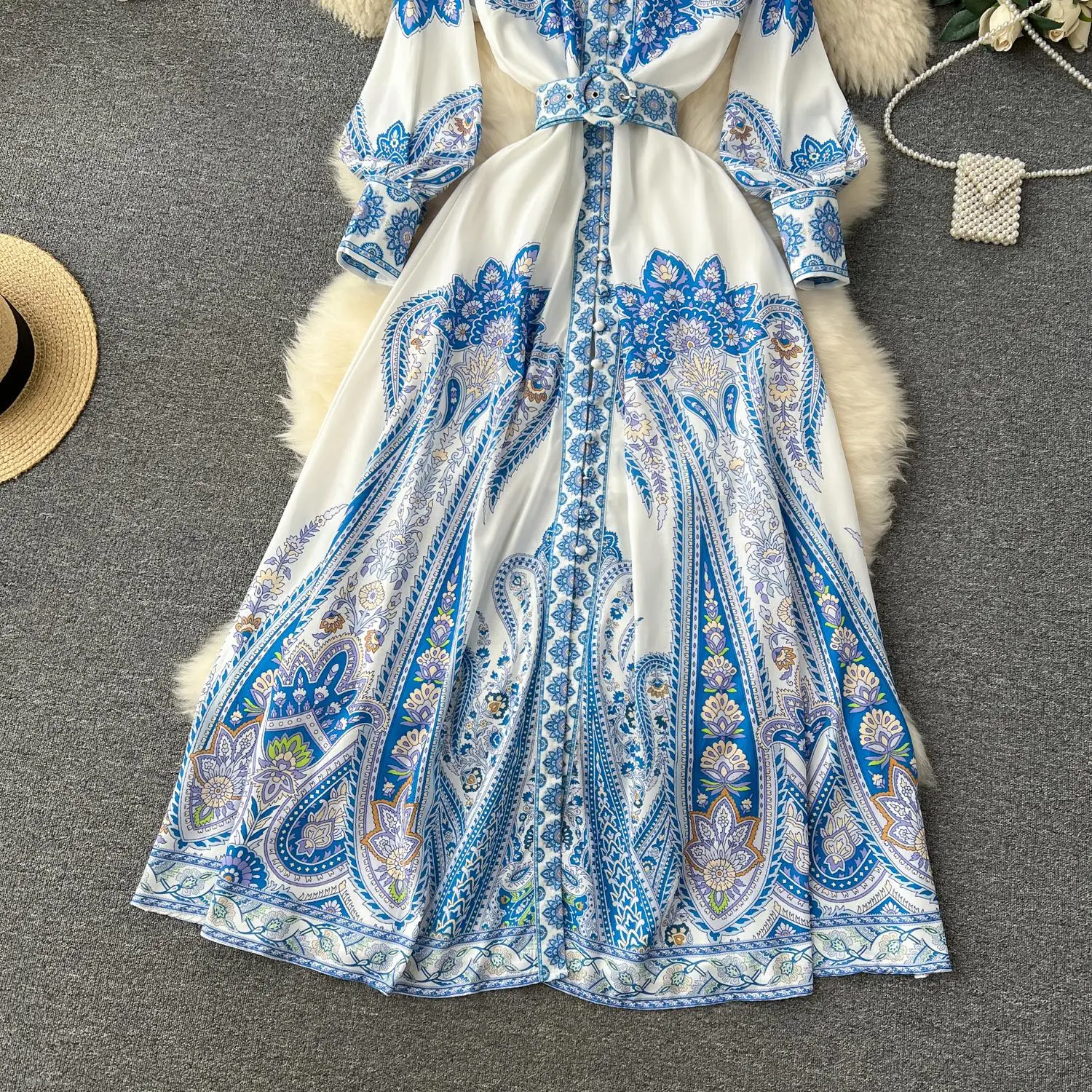 Basic Casual Women Dresses 2024 Spring Runway Holiday Linen Dress Women Stand Collar Long Lantern Sleeve Vintage Print Buttons Up Belt Maxi Robe Vestidos