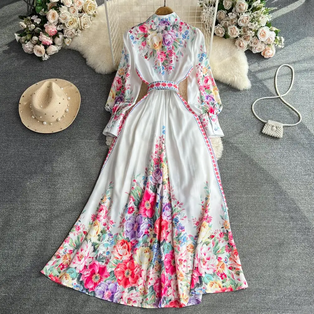 Podstawowe sukienki swobodne jesień mody pas startowy biały niebieski maxi sukienka dla kobiet ubranie długie latarnie rękaw pojedynczy piersi kwiatowy pasek druku