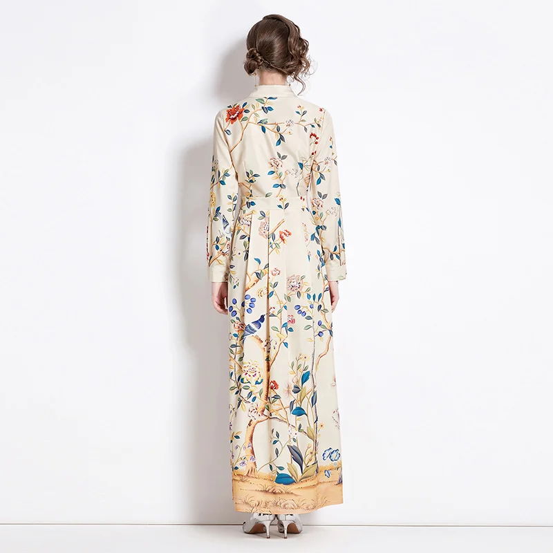 Grundläggande casual klänningar Runway Flower Long Maxi Dress Women Slow Down Neck Long Sleeve Vacation Beach Dresses Female 2024 Spring Summer New