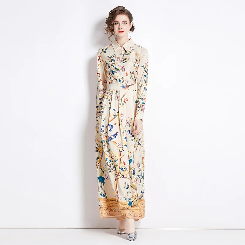 Grundläggande casual klänningar Runway Flower Long Maxi Dress Women Slow Down Neck Long Sleeve Vacation Beach Dresses Female 2024 Spring Summer New