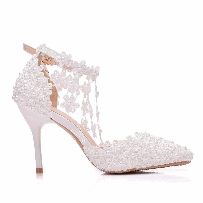 Scarpe eleganti con punta a punta con strass Scarpe con tacco alto da donna Sandali con cinturino alla caviglia in pizzo con decorazione di perle Scarpe da sposa feste