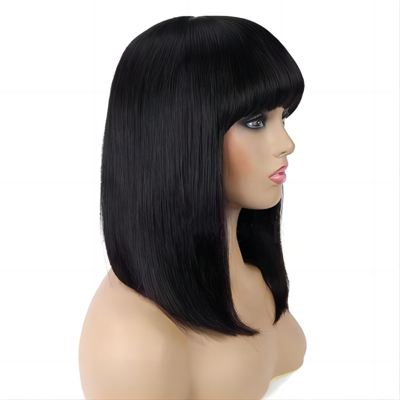 Human hair Short Bob Wigs With Air Bangs Women's Shoulder Length Wigs 14 inch wig Natural olor Can be dyed Bleaohed Easily Restyled Permed