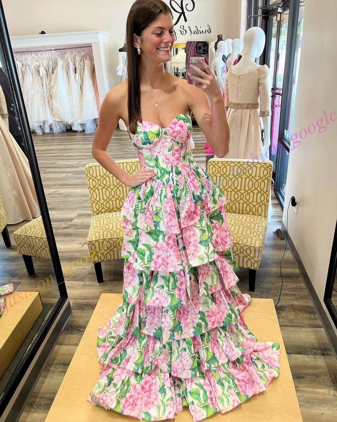 Floral Print Prom Dress 2k24 Strapless Corset Bodice Lady Pageant Winter Formal Evening Cocktail Party Hoco Gala Gown Sherri Mother of the Bride Layered Tiered Skirt