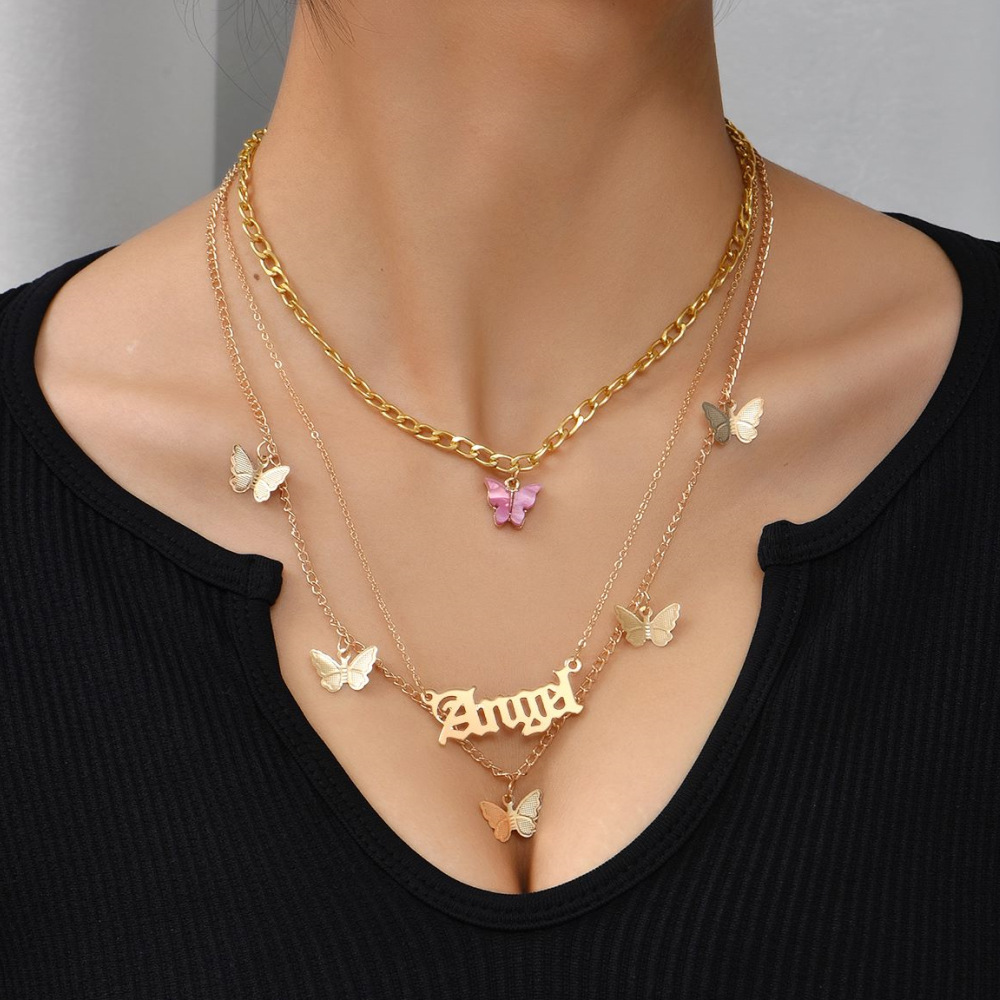 Multi-layer Necklaces for Women Butterfly Letter ANGEL Pendant Thick Chain Thin Chain Necklace