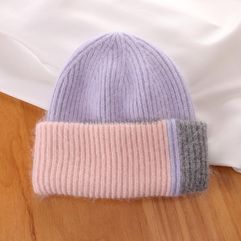 Yeni örme tavşan kürk şapkası kadınlar için kış yumuşak kalın sıcak kabarık beanies kapaklar kadın moda yama kafesi şapkalar şapkalar