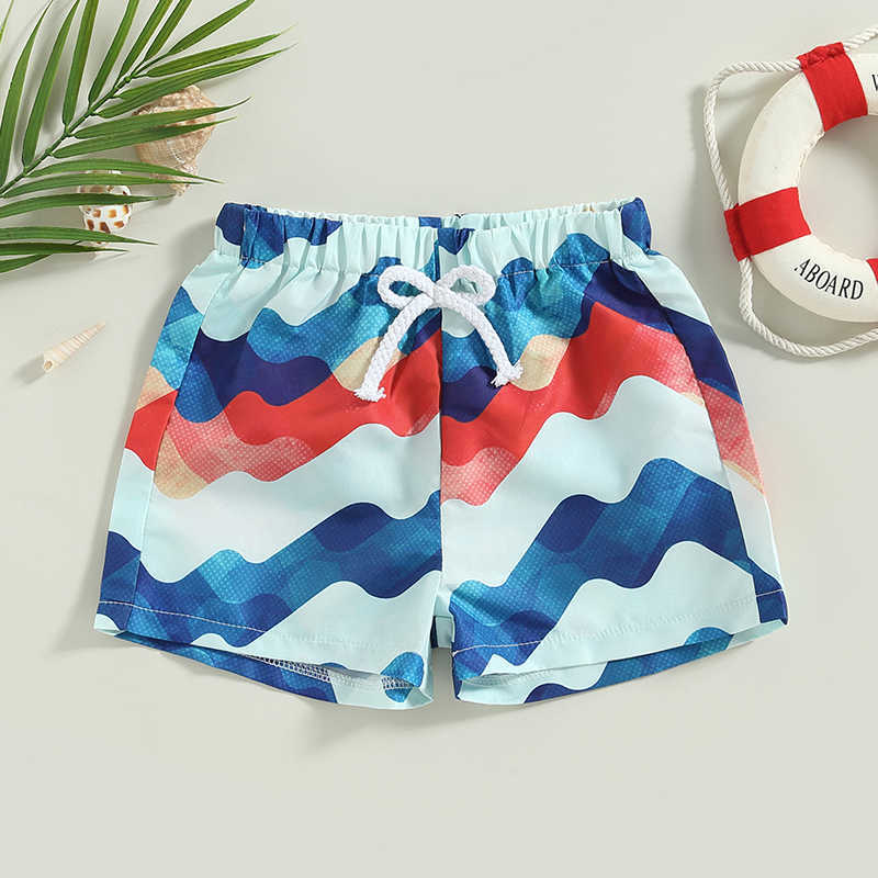 Шорты 2023 Summer Kids Boys Swim Shrunks Geometric/ Wavy Print Elastic Shorking Shorts Шорты для купальника для купальника.