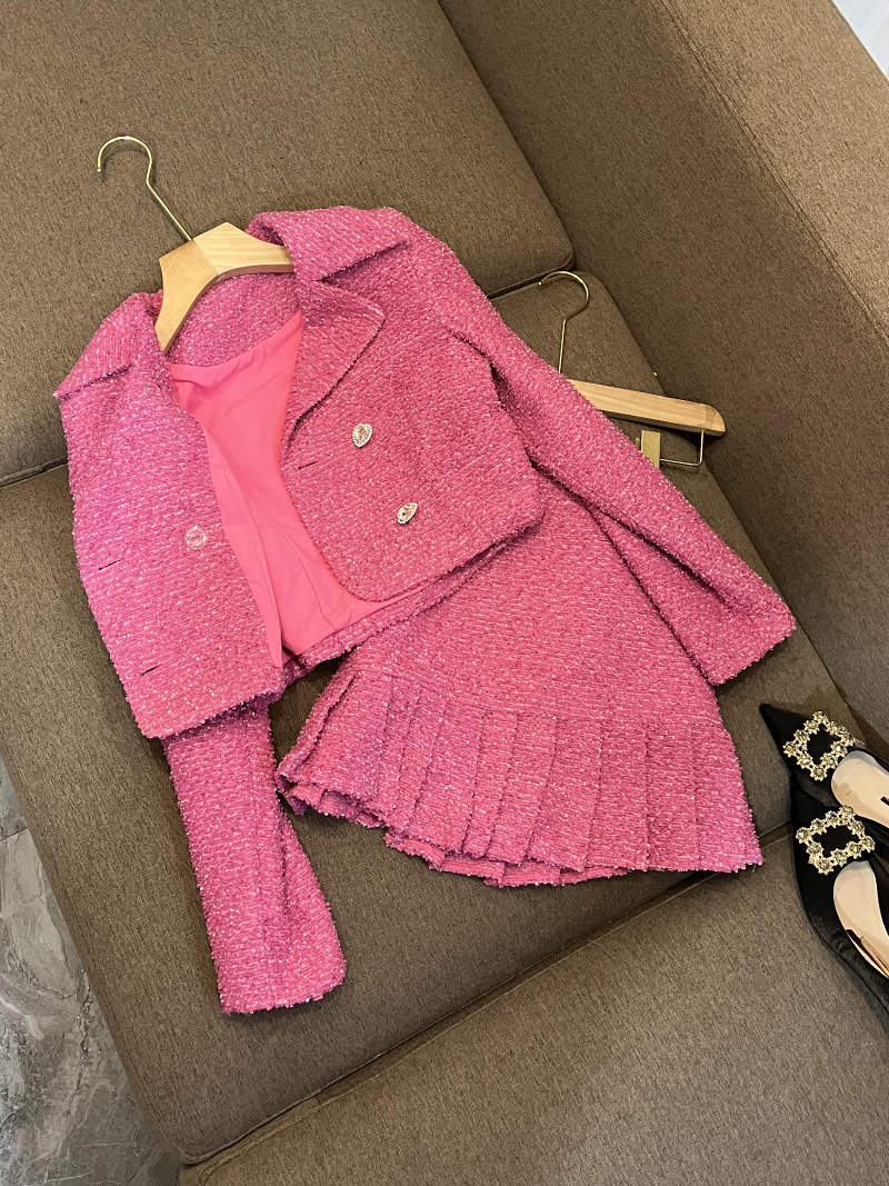 2023 Autumn Pink Solid Color Two Piece Dress Set Lång ärm Notched-Lapel Tweed Blazers Top med hög midja veckad kort kjol Set Two Piece Suits O3N022209