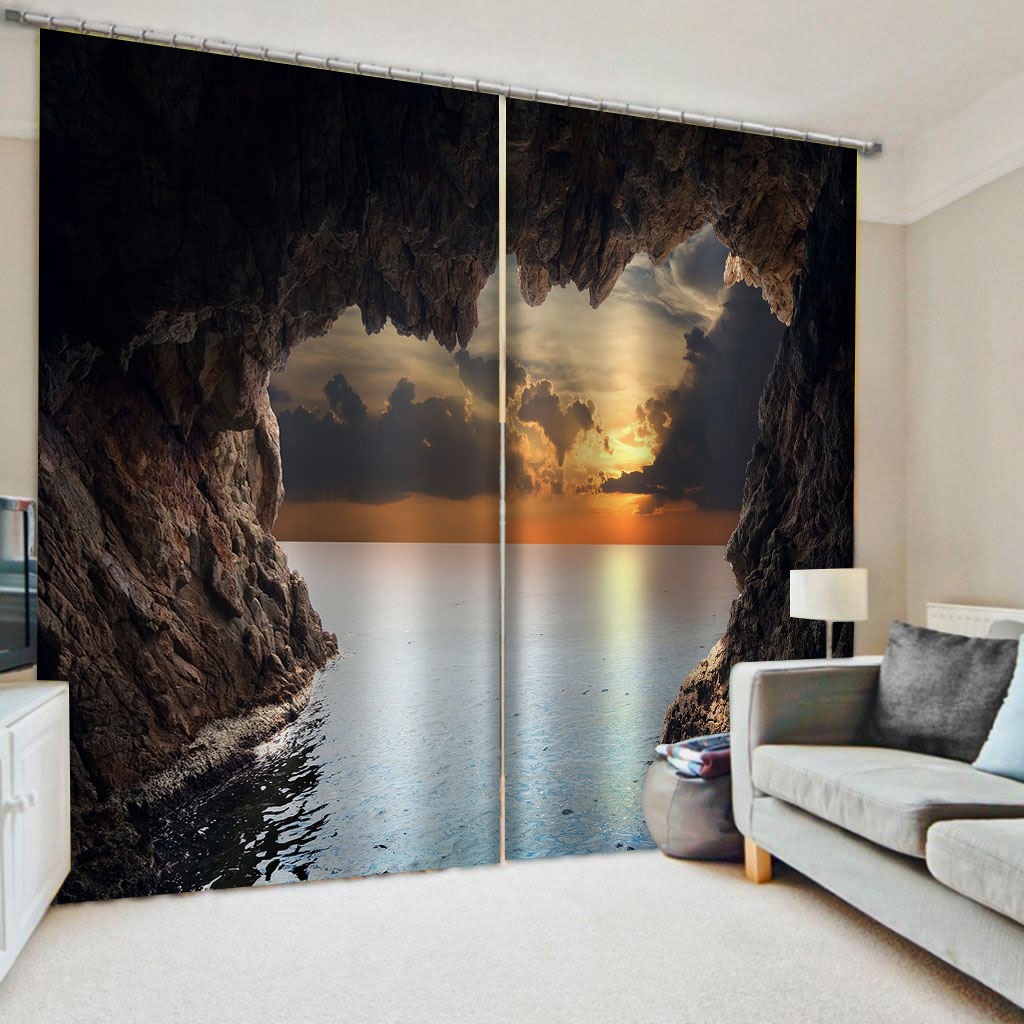 3Dカーテンカスタム3D美しいサンセットケーブシービューベッドルームの3Dバスルームシャワーカーテン3Dフォトウィンドウカーテン