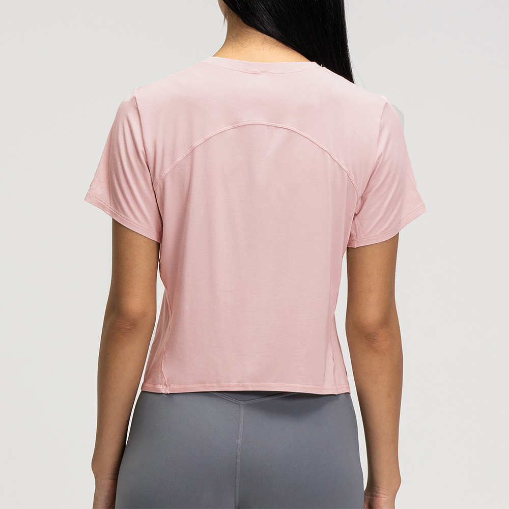 女性の弾力性クルーネック半袖Tシャツスポーツクロップトップジム
