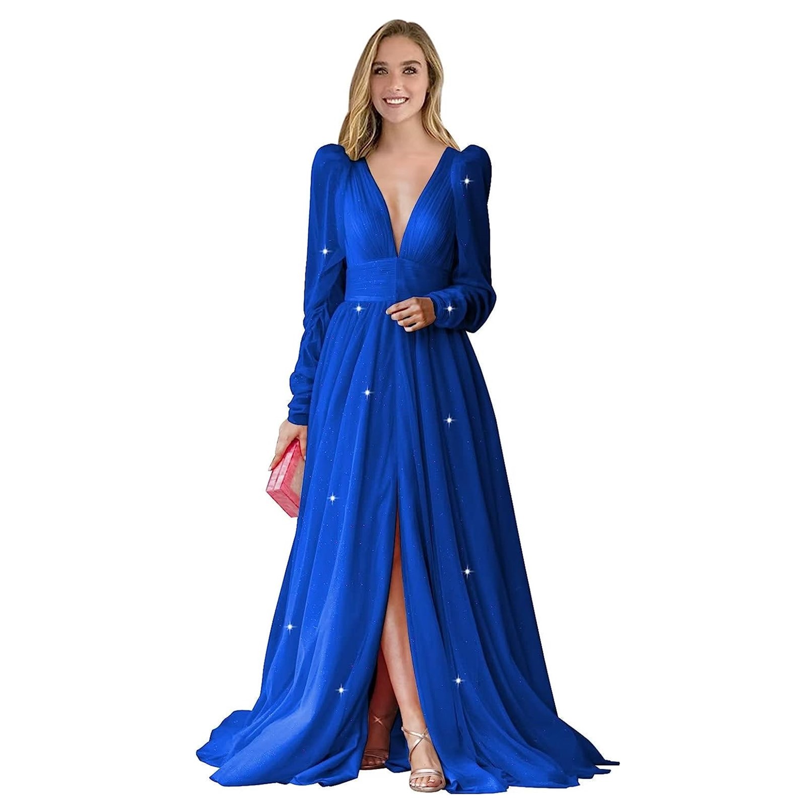 Elegant Solid Evening Dresses Party Dresses for Women Sexy V Neck Puff Long Sleeve Prom Dresses Deep V Neck High Split Dresses