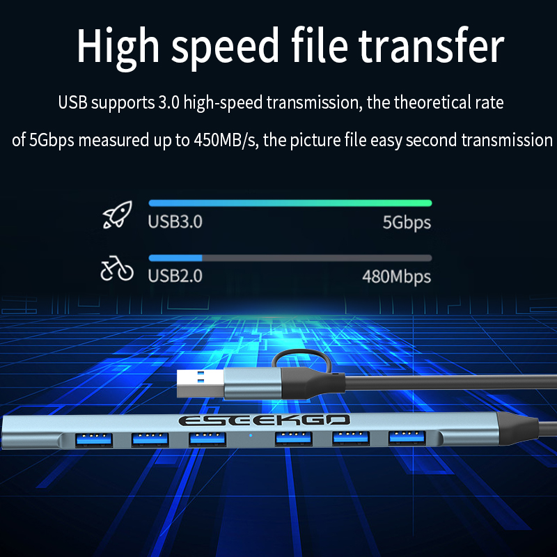 Eseekgo UAC-9702 USB-C USB3.0 till 7 portar nav för mobil enhet 7 i 1 Adapter Portable Hub Splitter med OTG Function Docking Station för surfplattor i detaljhandeln i detaljhandeln