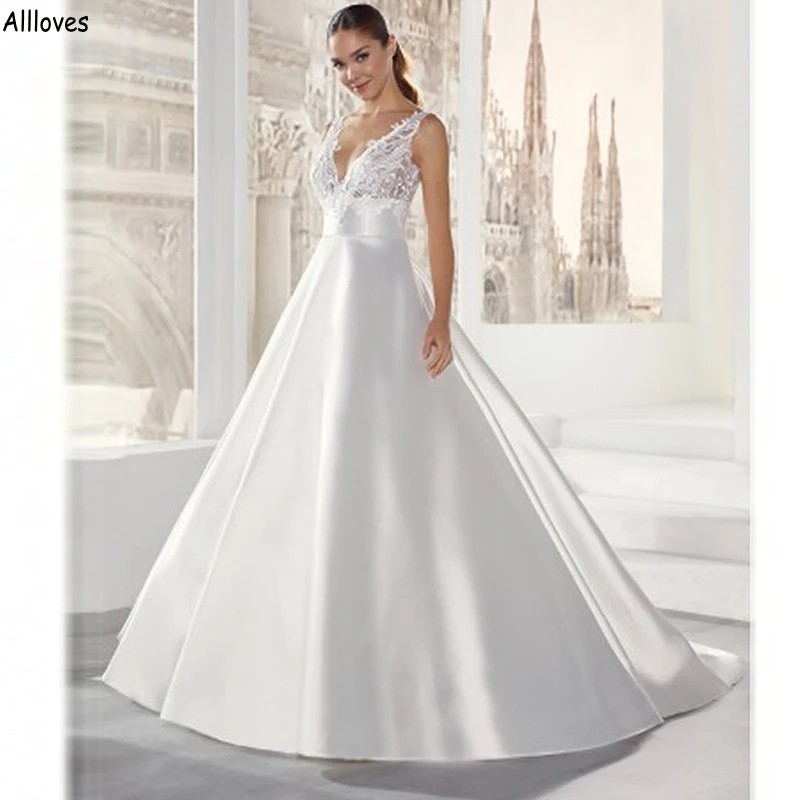 Abiti da sposa minimalisti semplici in raso A Line in pizzo con scollo a V Abiti da sposa sexy con strascico lungo Plus Size Vestidos De Novia Schienale basso Maternità Abiti da festa da sposa CL2137