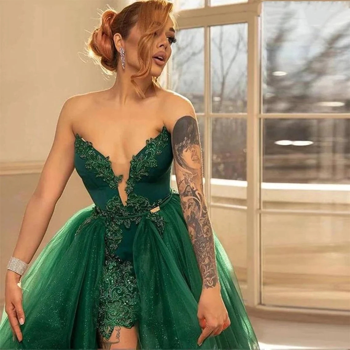 Exquisite Green Luxury Cocktail Ball Gown Prom Dress with Detachable Tail Formal Occasion Sweep Train Evening Dress