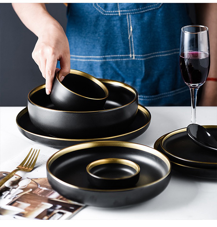 Black Tableware Set Ceramic Dinner Plate Dishes Plates and Bowls Set Food Plate Salad Soup Bowl Dinnerware Set for Restaurant